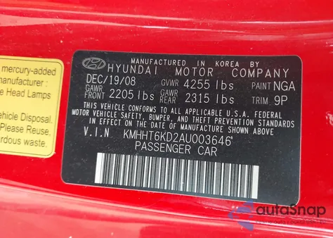 2010 Hyundai Genesis 2.0T Track из США, поврежденный, VIN KMHHT6KD2AU003646